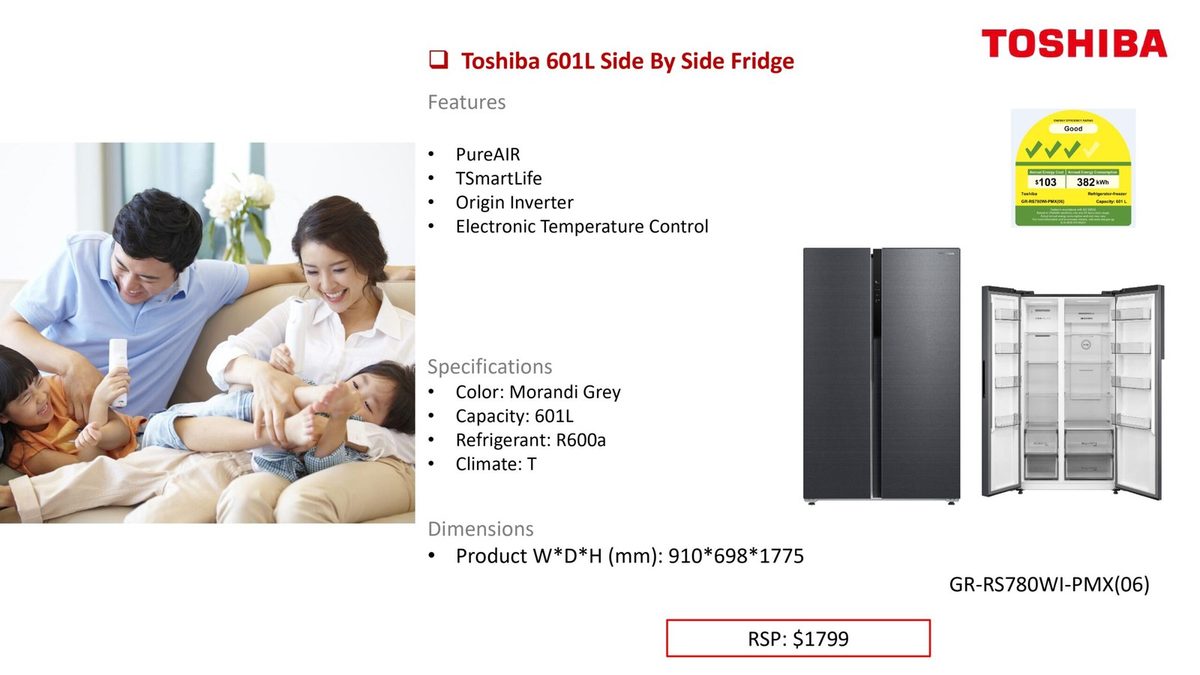 Toshiba 601L Side By Side Fridge product image