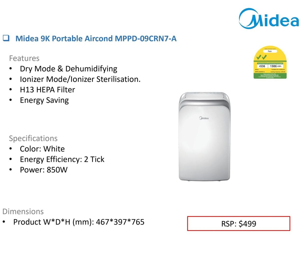 Midea 9K Portable Aircond MPPD-09CRN7-A product image