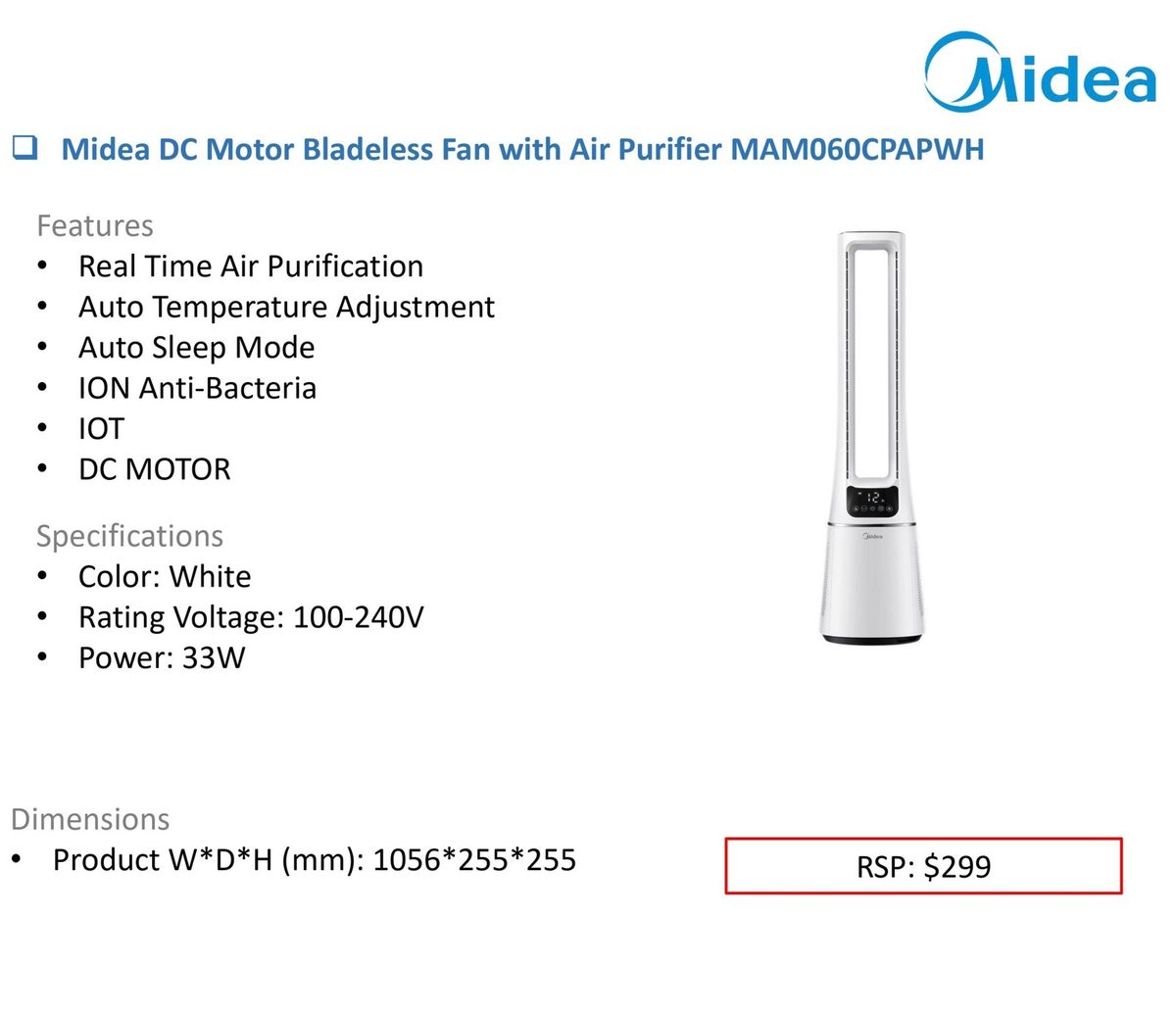 Midea DC Motor Bladeless Fan with Air Purifier MAM060CPAPWH product image