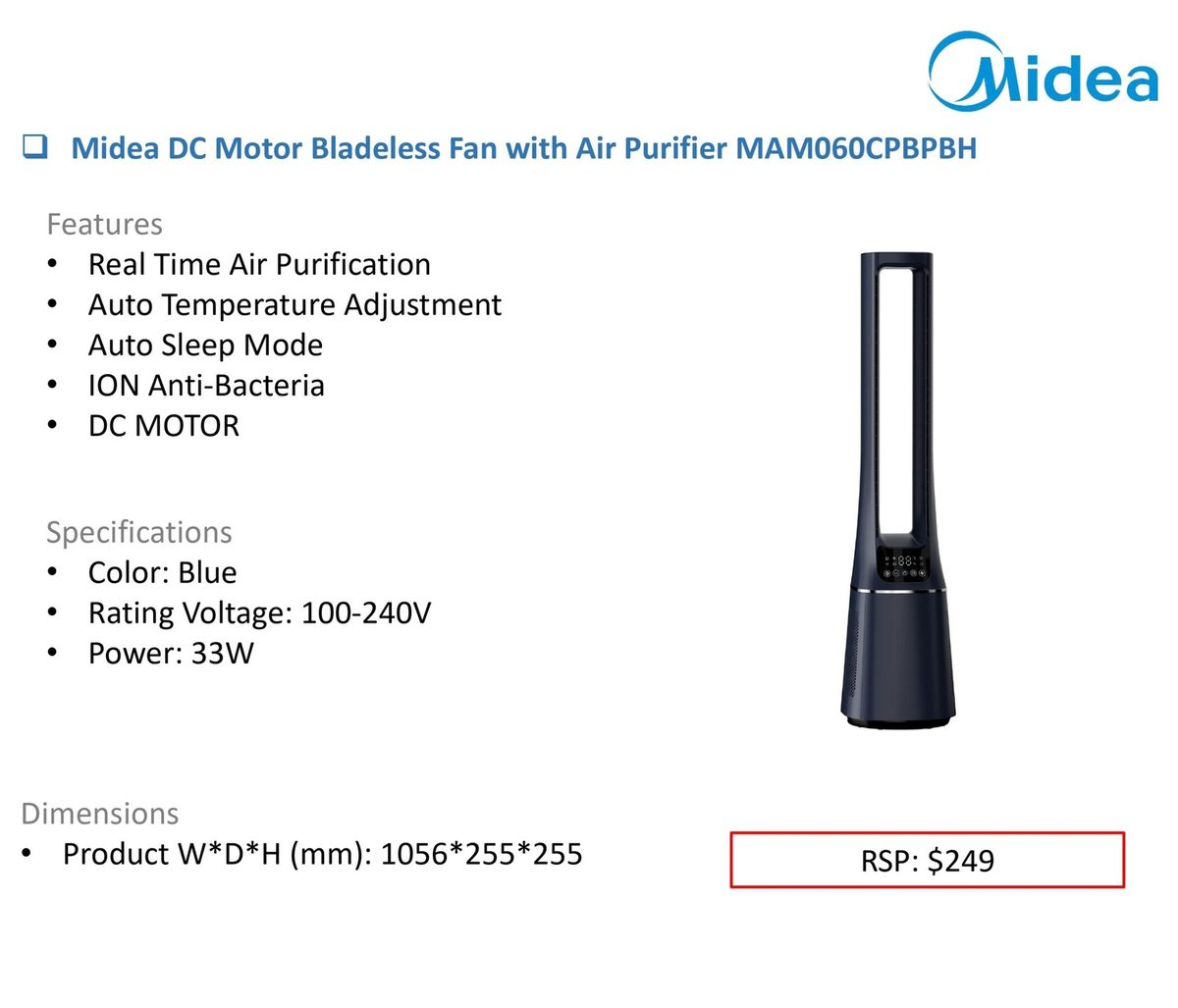 Midea DC Motor Bladeless Fan with Air Purifier MAM060CPBPBH product image