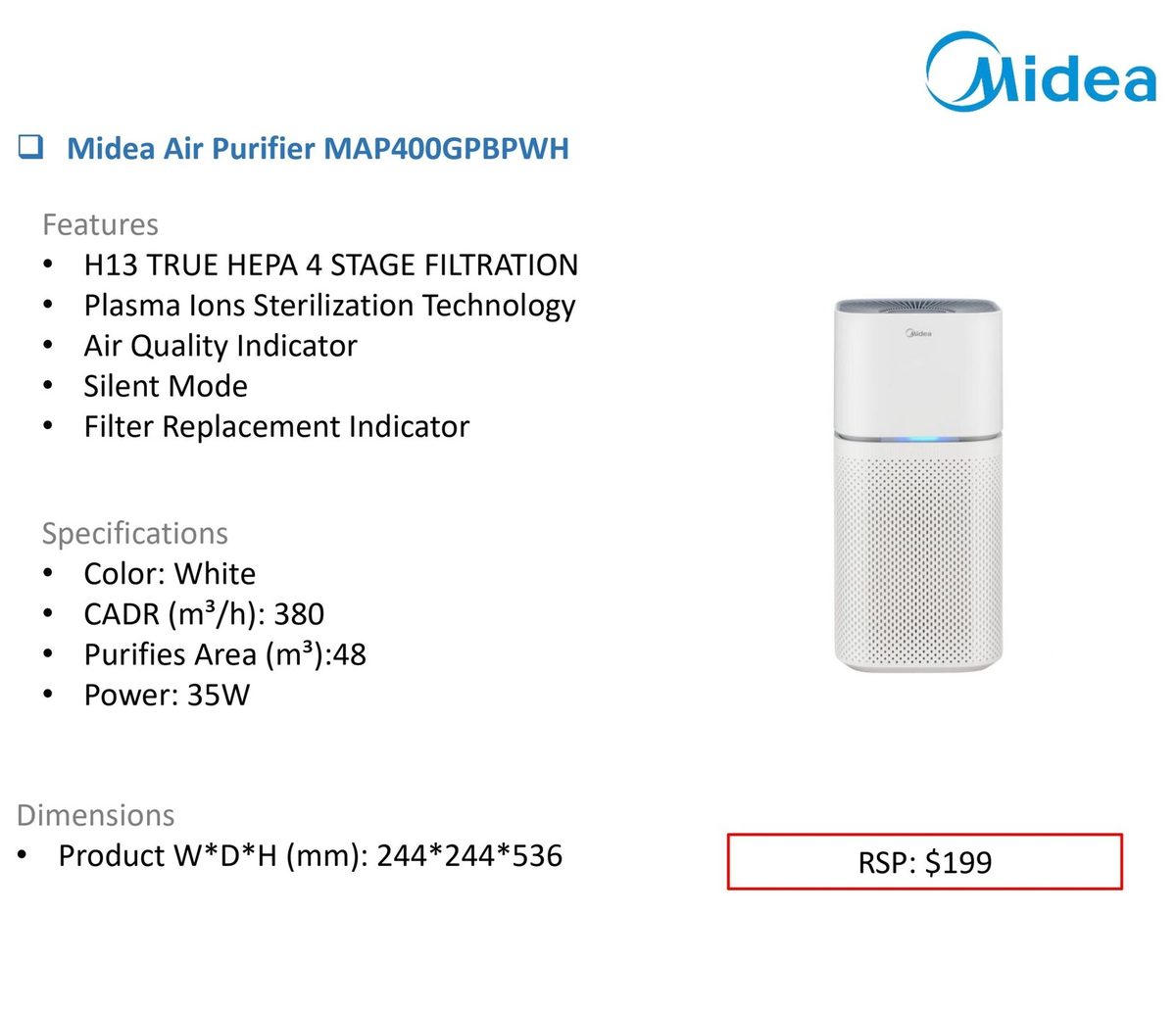 Midea Air Purifier MAP400GPBPWH product image