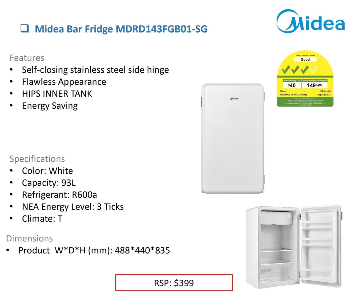Midea Bar Fridge MDRD143FGB01-SG product image