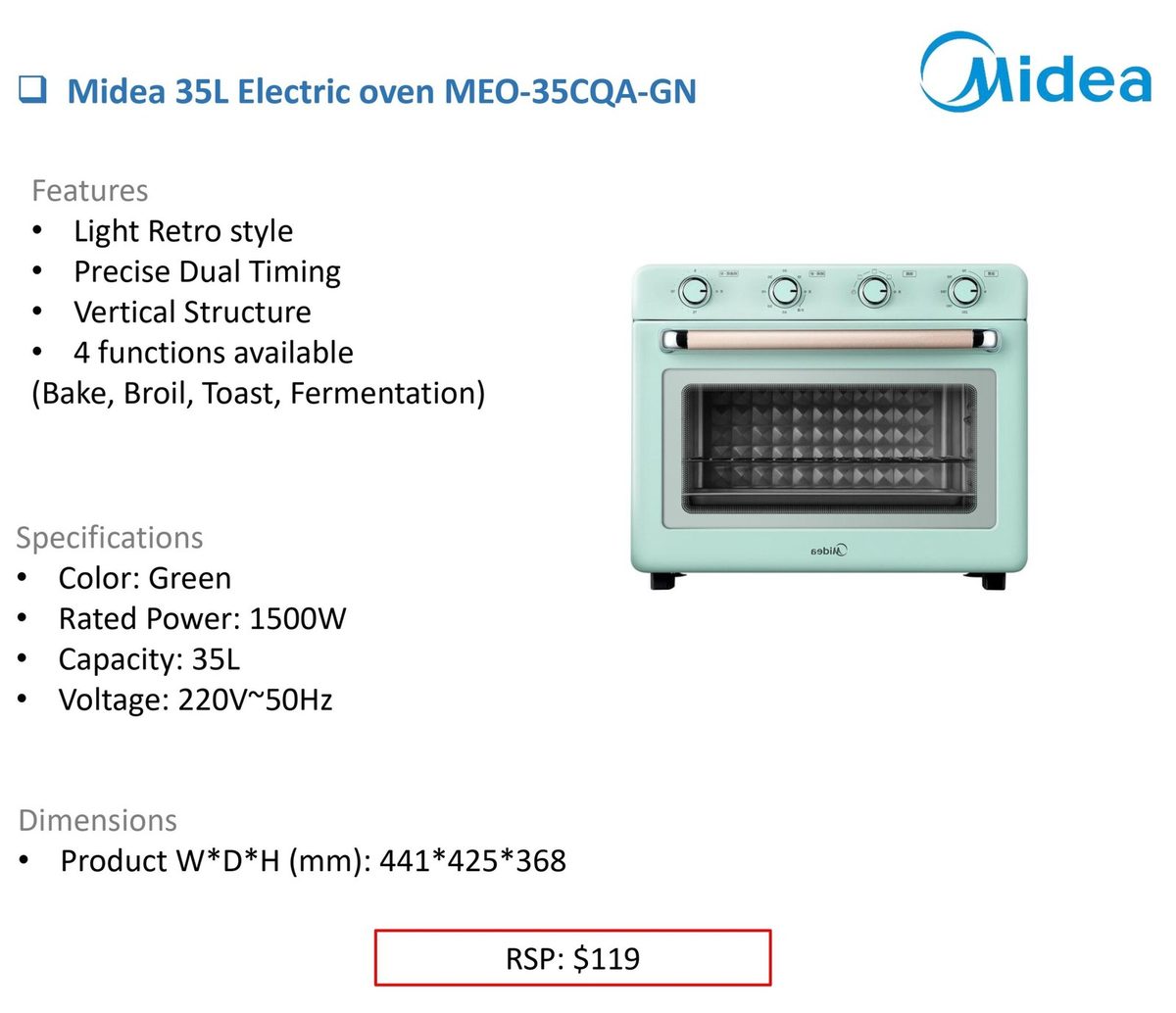 Midea 35L Electric oven MEO-35CQA-GN product image