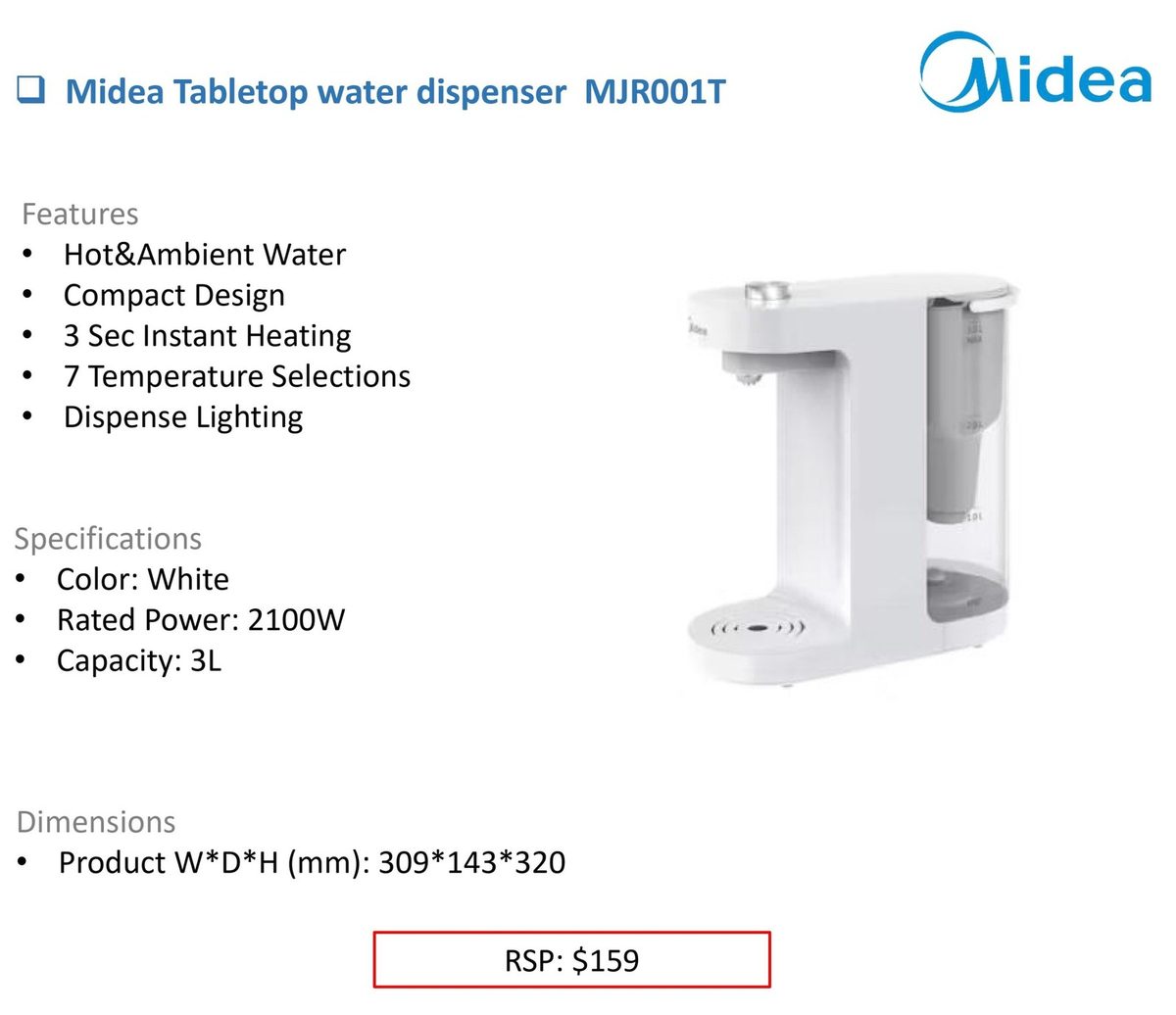 Midea Tabletop water dispenser MJR001T product image
