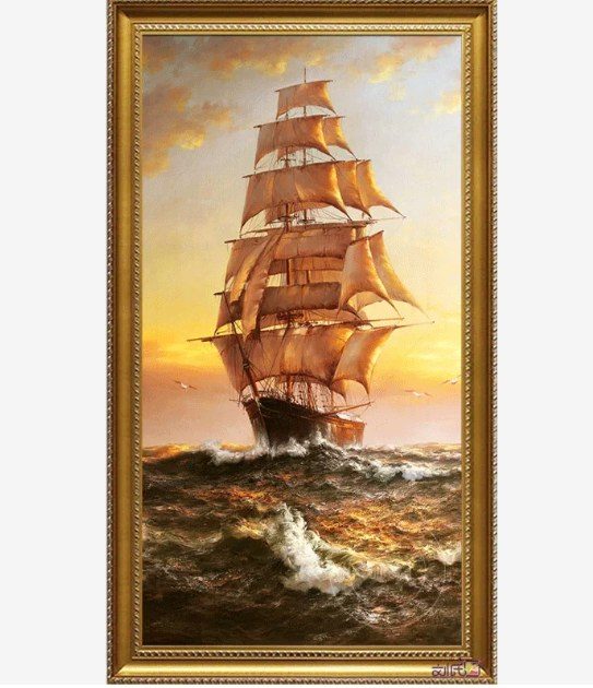Sail Ship Hand‑Painted Oil Painting with Golden Frame | Commercial Wall Art Singapore product image