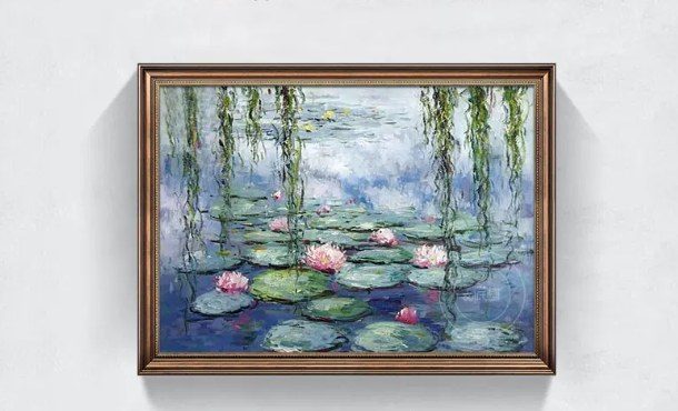 Water Lilies Hand‑Painted Oil Painting with Wooden Frame | Commercial Wall Art Singapore product image