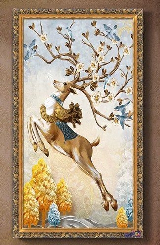 Golden Deer Hand‑Painted Oil Painting with Ornate Frame | Commercial Wall Art Singapore product image