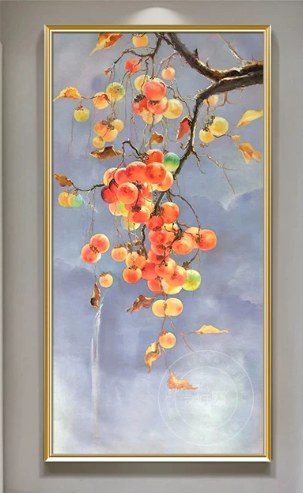 Persimmon Fruit Vertical Framed Wall Art, Oriental Decor Painting for Singapore Commercial & Residential Spaces product image