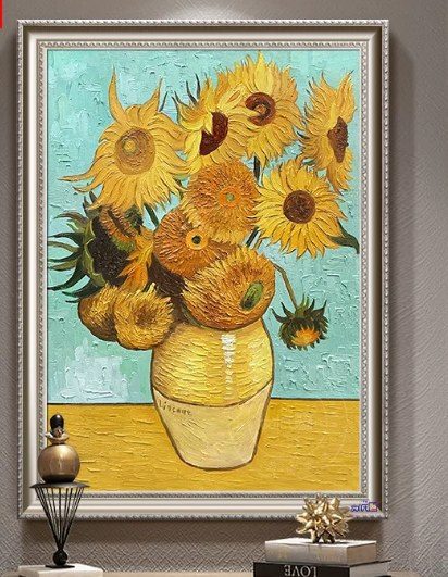 Sunflower Vase Hand‑Painted Oil Painting with Silver Frame | Commercial Wall Art Singapore product image