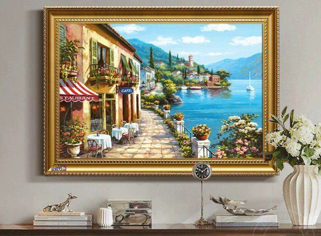 Mediterranean Lakeside Town Hand‑Painted Oil Painting with Golden Frame | Commercial Wall Art Singapore product image