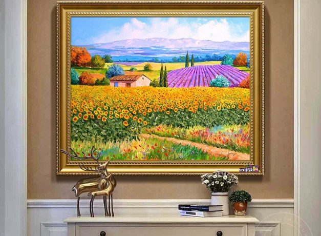 Hand-Painted Rural Lavender & Sunflower Landscape Oil Painting | Commercial Wall Decor Singapore product image