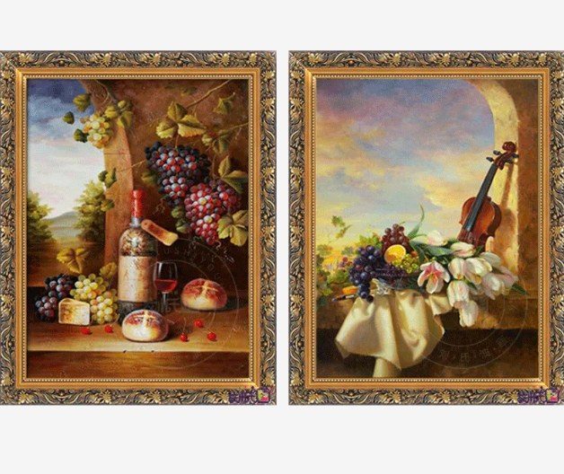 Classical Still Life Oil Painting Set of 2 | Fruit Wine & Violin Wall Art Singapore product image