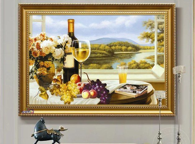 Window Sill Wine & Fruit Still Life Hand-Painted Oil Painting | Commercial Wall Decor Singapore product image