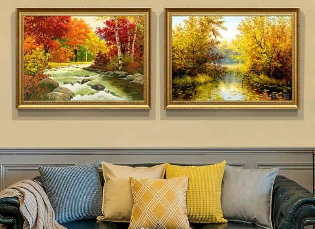 2-Piece Autumn Forest Stream Landscape Oil Painting Set | Commercial Wall Decor Singapore product image