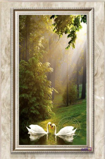 Vertical Forest Lake White Swans Hand‑Painted Oil Painting | Decorative Framed Commercial Wall Art Singapore product image