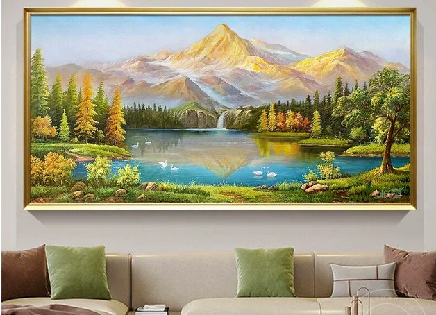 Wide Golden‑Peak Mountain Waterfall Lake Landscape Hand‑Painted Oil Painting | Golden Framed Commercial Wall Art Singapore product image