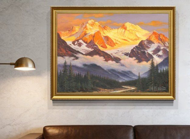 Golden Sunset Snow‑Capped Mountain Range Hand‑Painted Oil Painting | Gold Framed Commercial Wall Art Singapore product image
