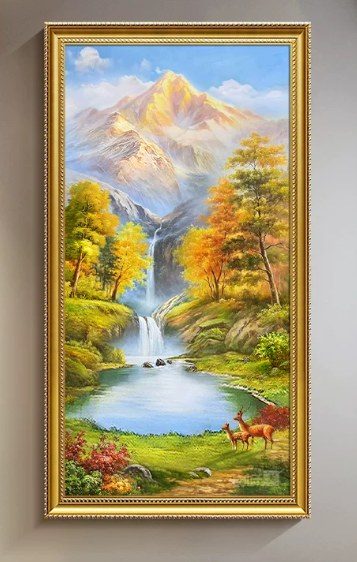 Vertical Golden‑Peak Waterfall Landscape with Deer Hand‑Painted Oil Painting | Gold‑Framed Commercial Wall Art Singapore product image