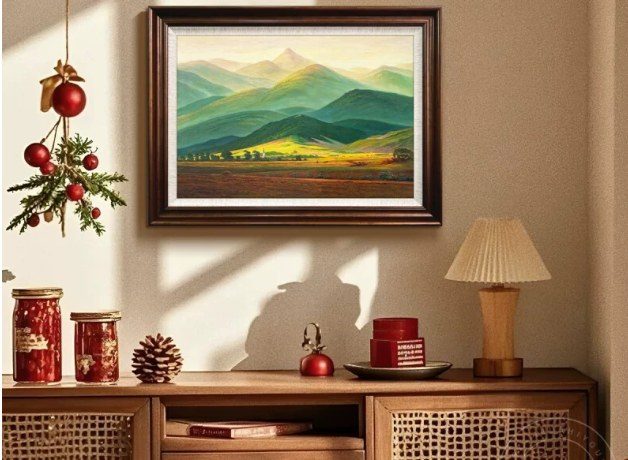 Layered Green Mountain Range Hand‑Painted Oil Painting | Dark Wood Framed Commercial Wall Art Singapore product image