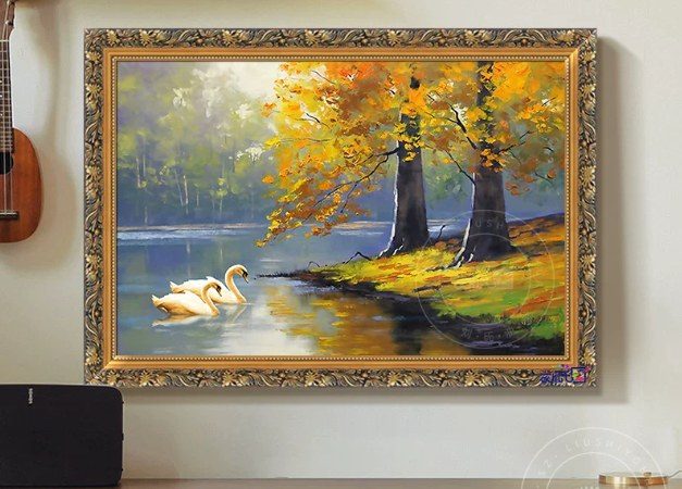 Autumn Forest Lake with White Swans Hand‑Painted Oil Painting | Ornate Gold‑Carved Framed Commercial Wall Art Singapore product image