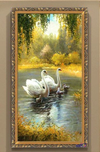 Vertical Sunlit Lakeside Swans Hand‑Painted Oil Painting | Ornate Antique Gold‑Carved Framed Commercial Wall Art Singapore product image