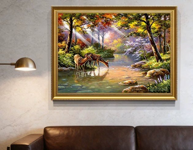 Horizontal Sunbeam Forest Stream with Deer Hand‑Painted Oil Painting | Classic Gold‑Framed Commercial Wall Art Singapore product image