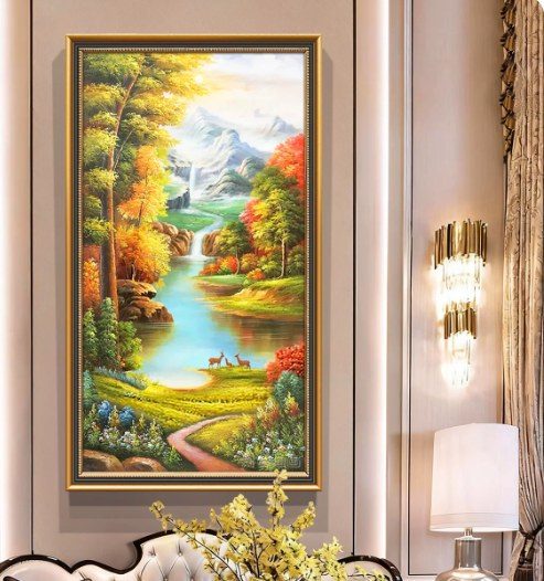 Vertical Mountain Waterfall River Deer Autumn Forest Hand‑Painted Oil Painting | Gold‑Black Trim Framed Commercial Wall Art Singapore product image