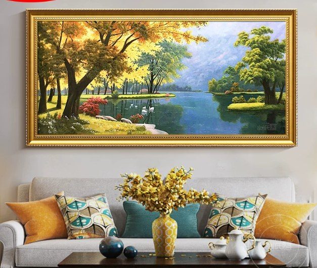 Framed Golden Lakeside Forest Landscape Oil Painting | Luxury Wall Art for Hotel & Office Singapore product image