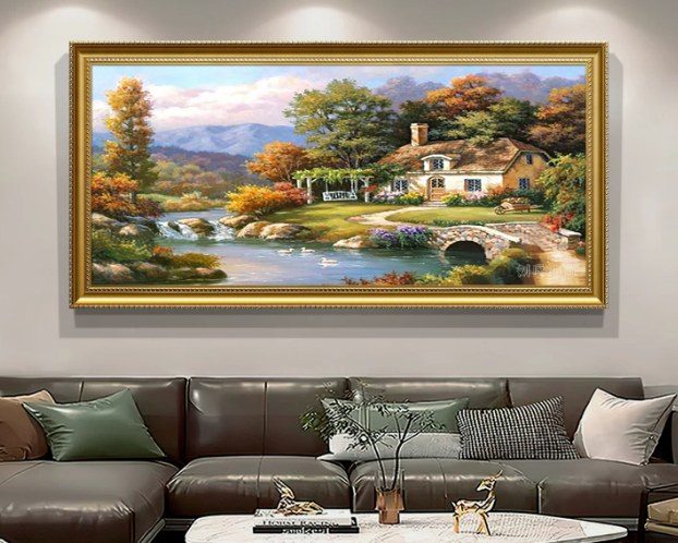 Framed Country Cottage Riverside Landscape Oil Painting | Scenic Wall Art for Hotel & Villa Singapore product image
