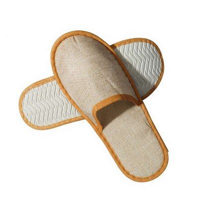 Hotel Disposable Slippers‑SPR007 | Beige Linen‑Texture Closed‑Toe Guest Slippers with Brown Binding Singapore Wholesale product image