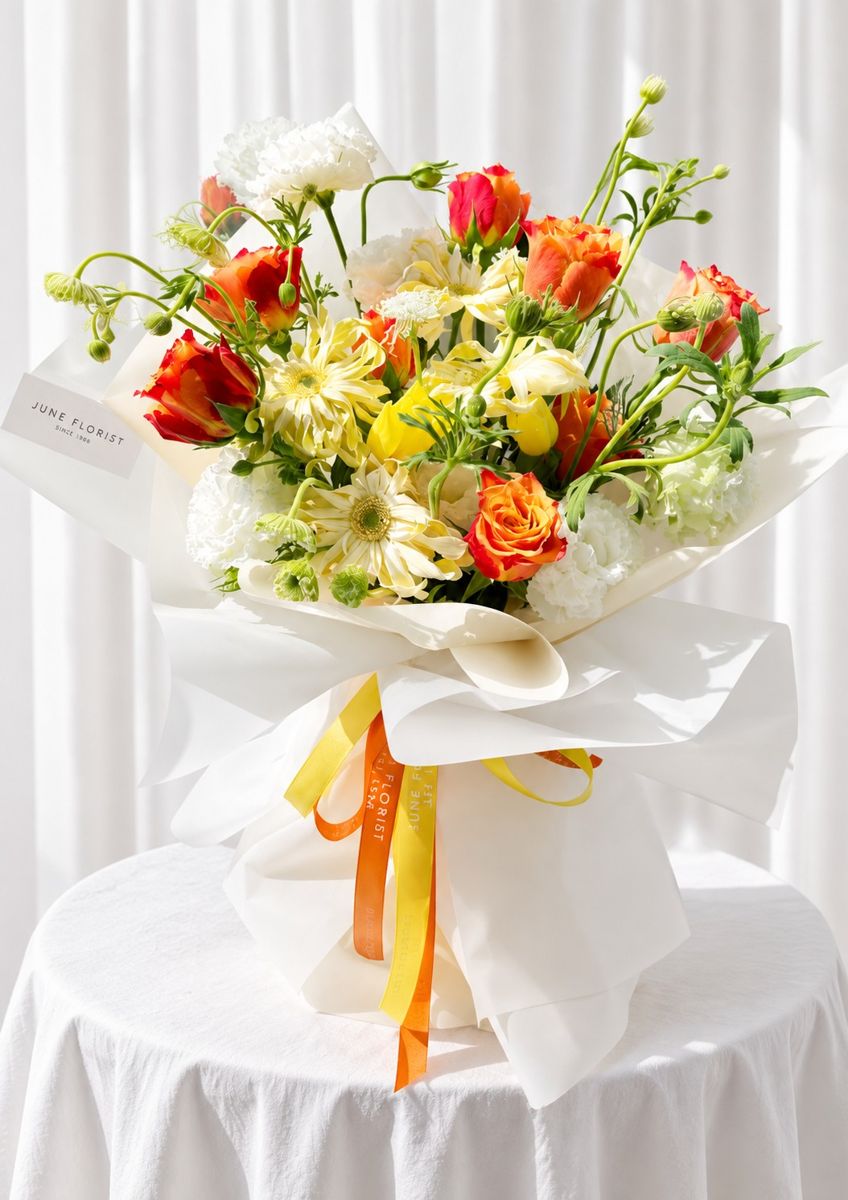 Sunlit Garden – Orange Rose & Yellow Flower Bouquet Singapore – Hand Bouquets