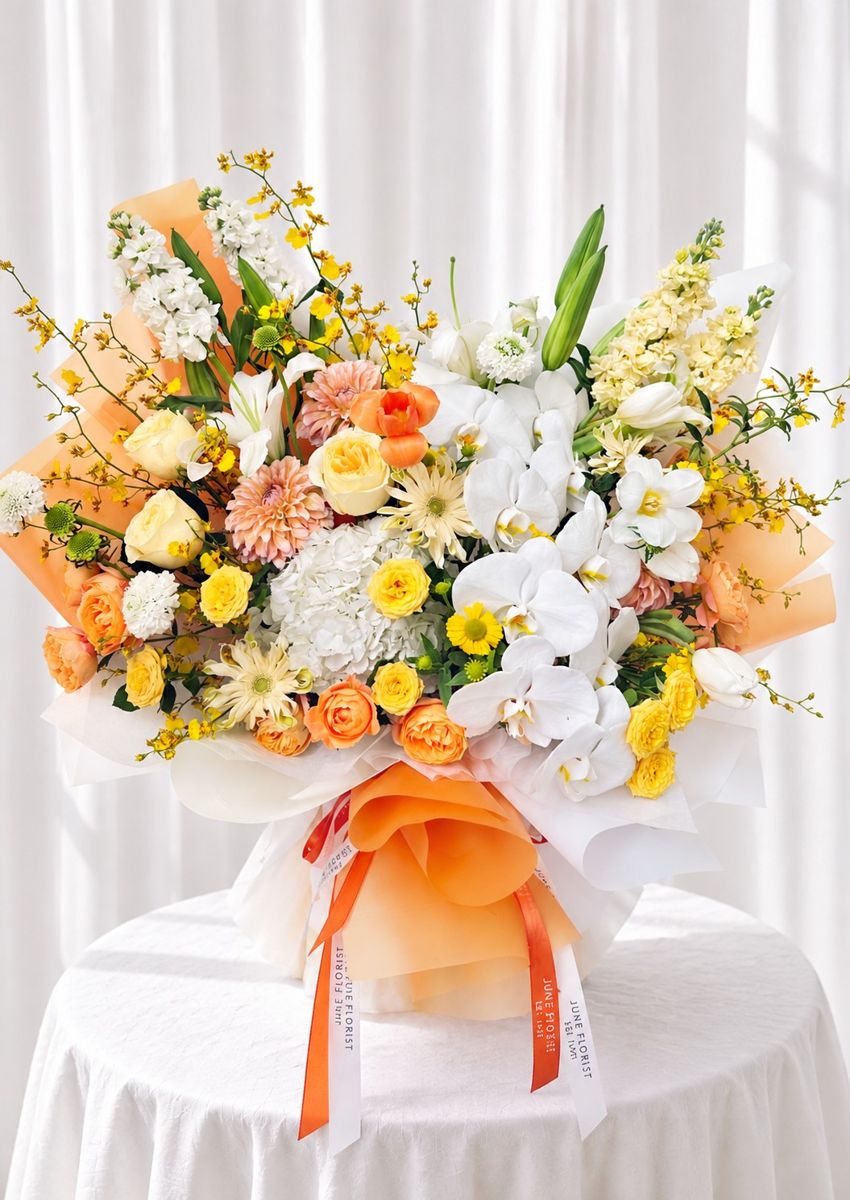 Golden Radiance – Luxury Orchid & Mixed Flower Bouquet Singapore – Hand Bouquets