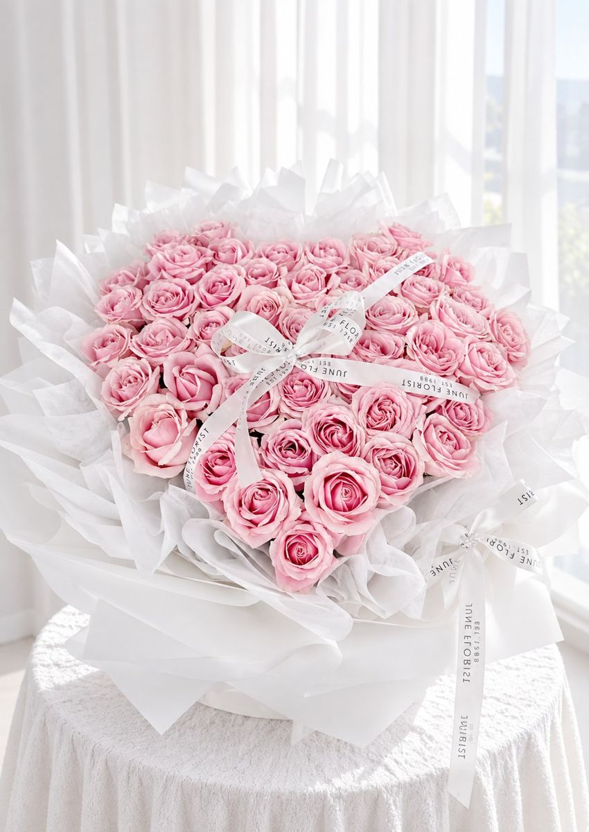 Blushing Heart – 99 Pink Roses Heart Bouquet Singapore – Hand Bouquets