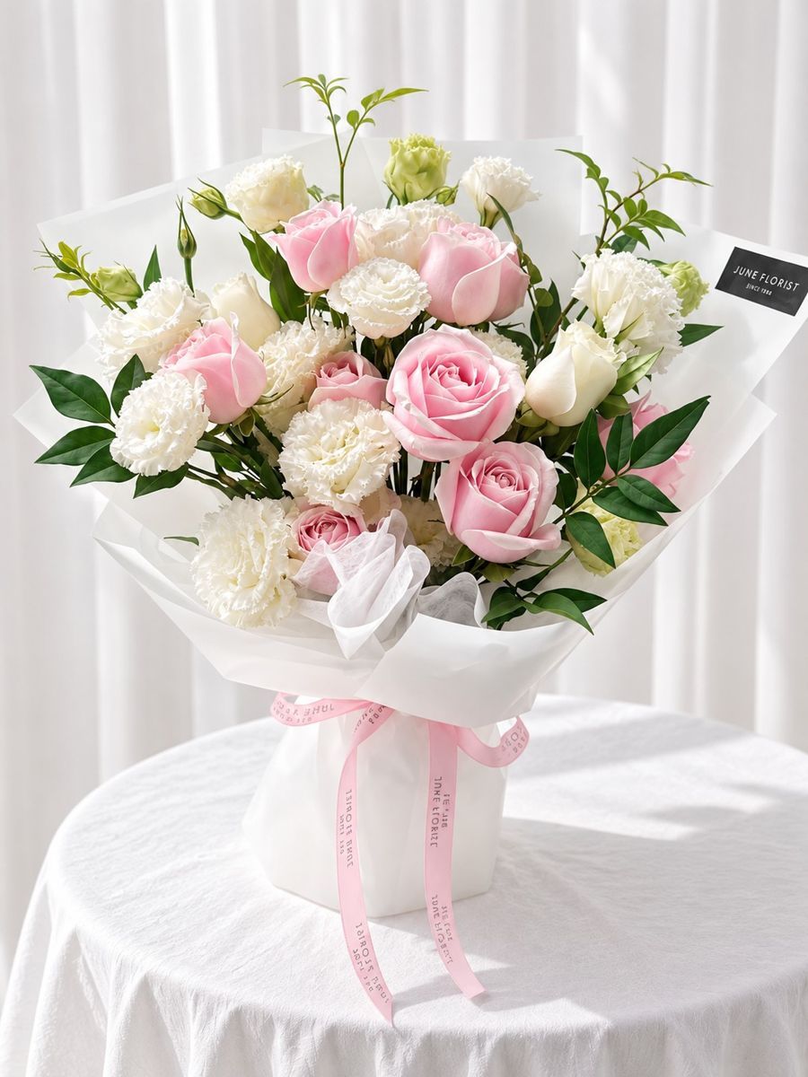 Pink Whisper – Pink Rose & White Flower Bouquet Singapore – Hand Bouquets