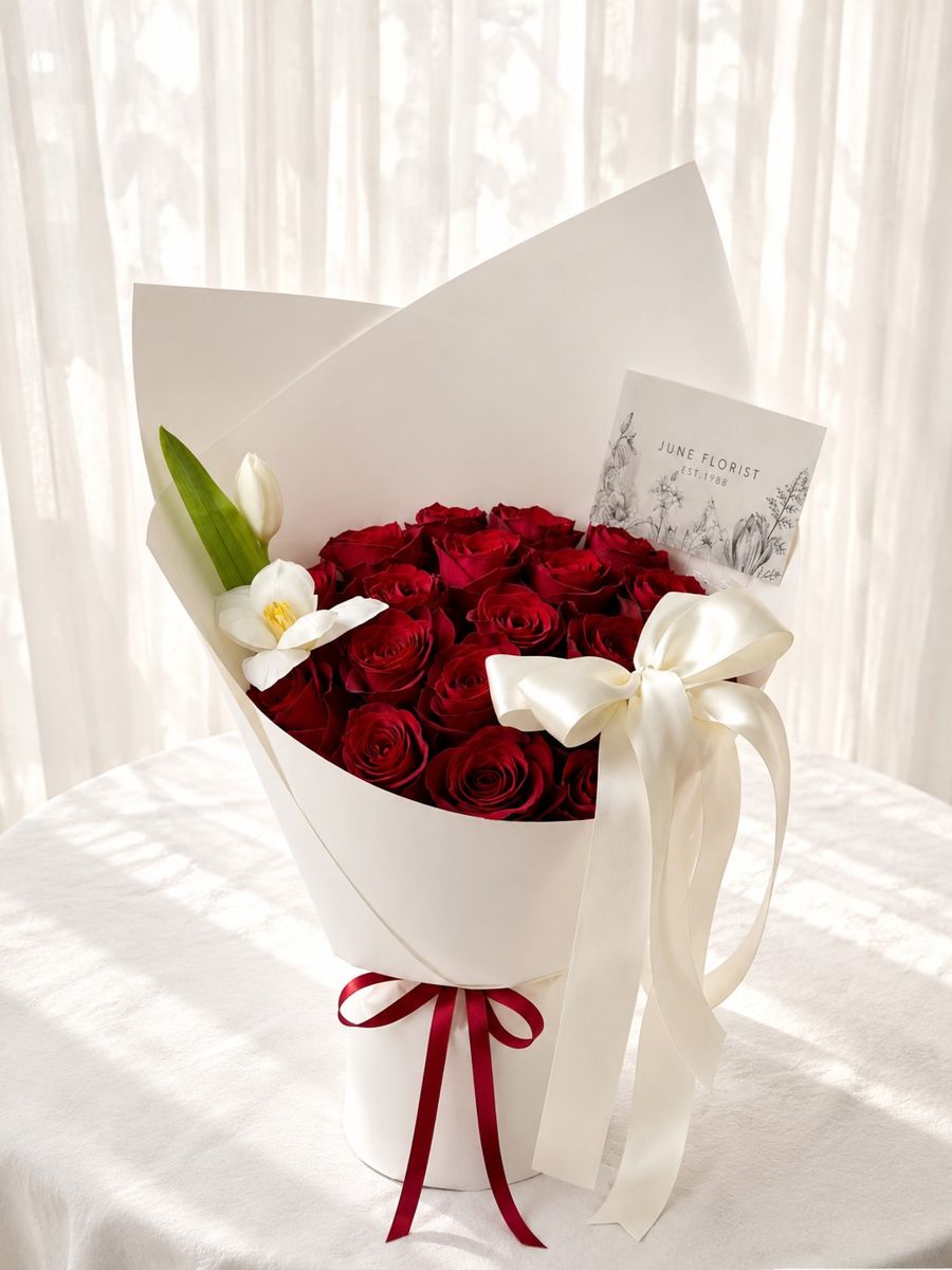 24 Red Roses & White Tulips Bouquet – Hand Bouquets
