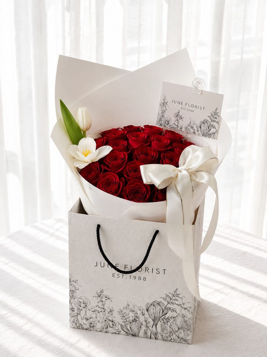 24 Red Roses & White Tulips Bouquet – image 2