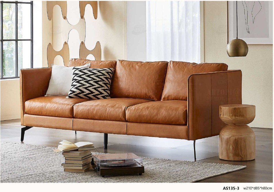 AS135-3 Mid-Century Modern Top-Grain Leather Sofa product image