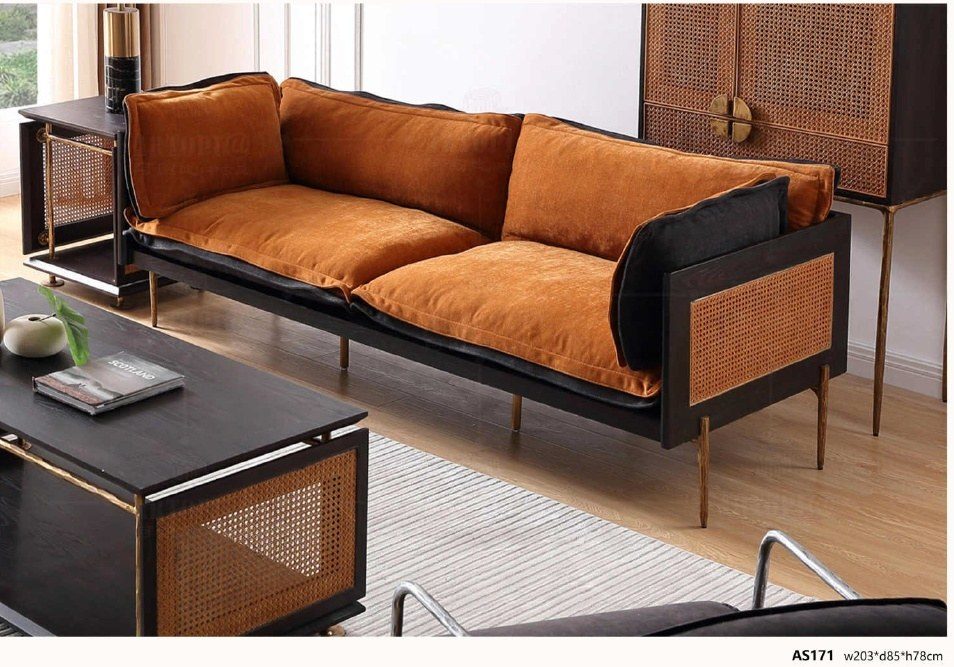 AS171-3 Mixed-Material Sofa with Rattan & Forged Iron Legs product image