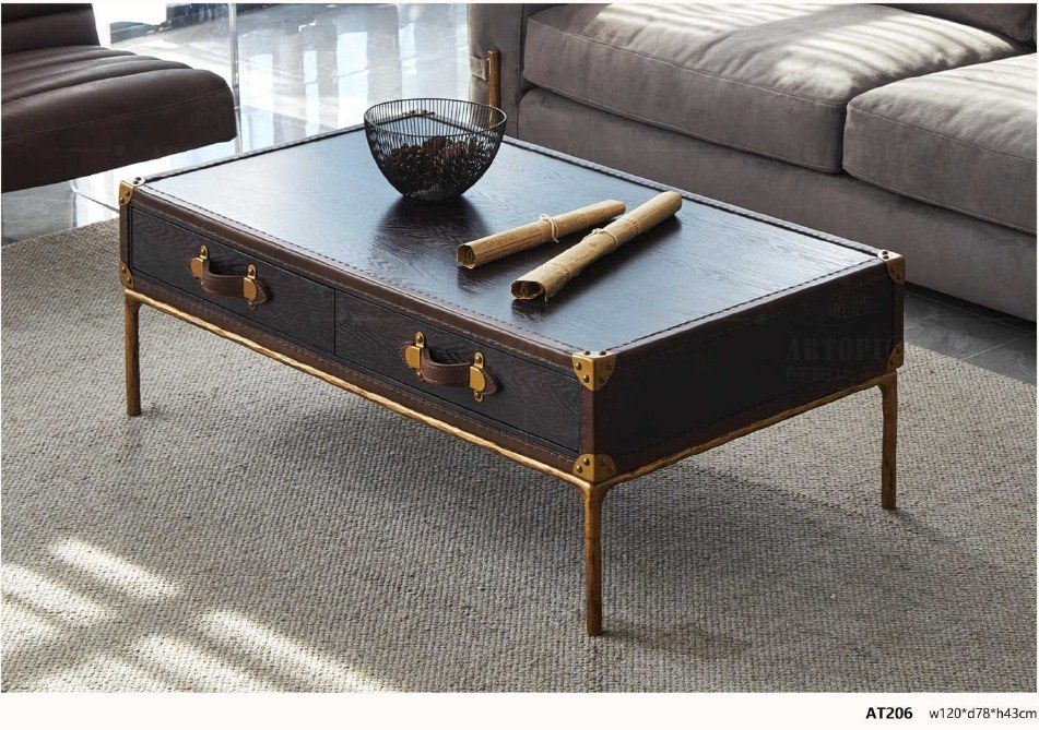AT206 Modern Industrial Coffee Table with Leather Drawers product image